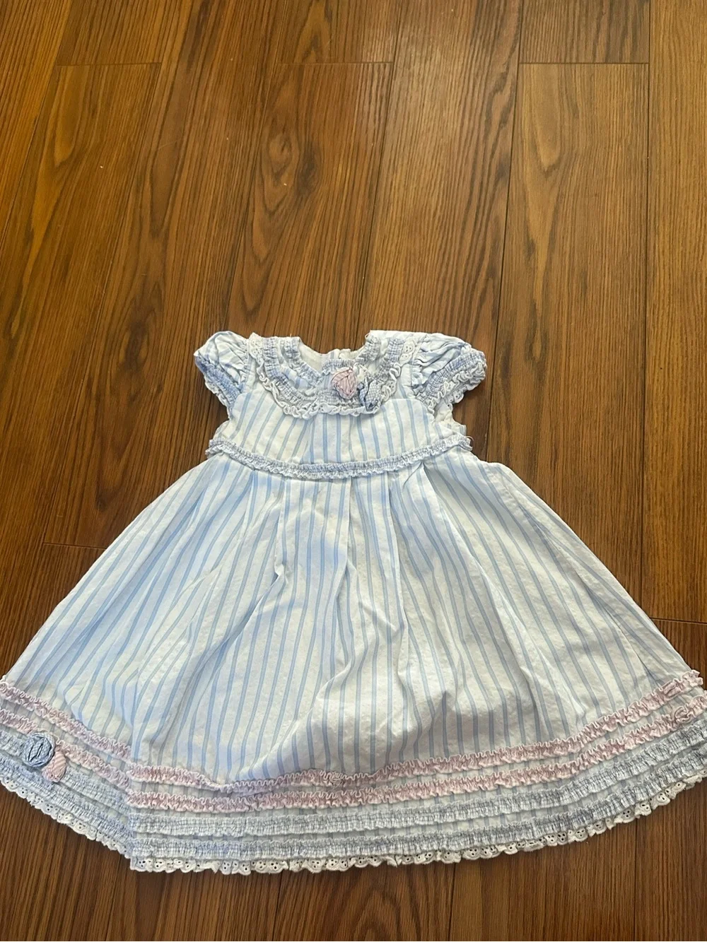 Biscotti Blue and White Striped Formal Girls' Dress with Pink Trim